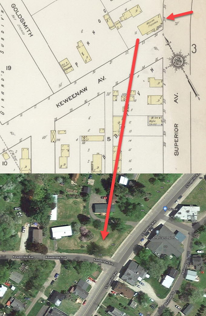 Baraga Theater - 1914 Map Compared To Current (newer photo)